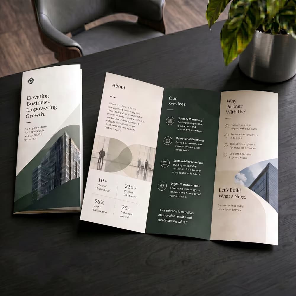 A corporate tri-fold brochure, shown both closed and fully open, on a dark wooden desk next to a plant.