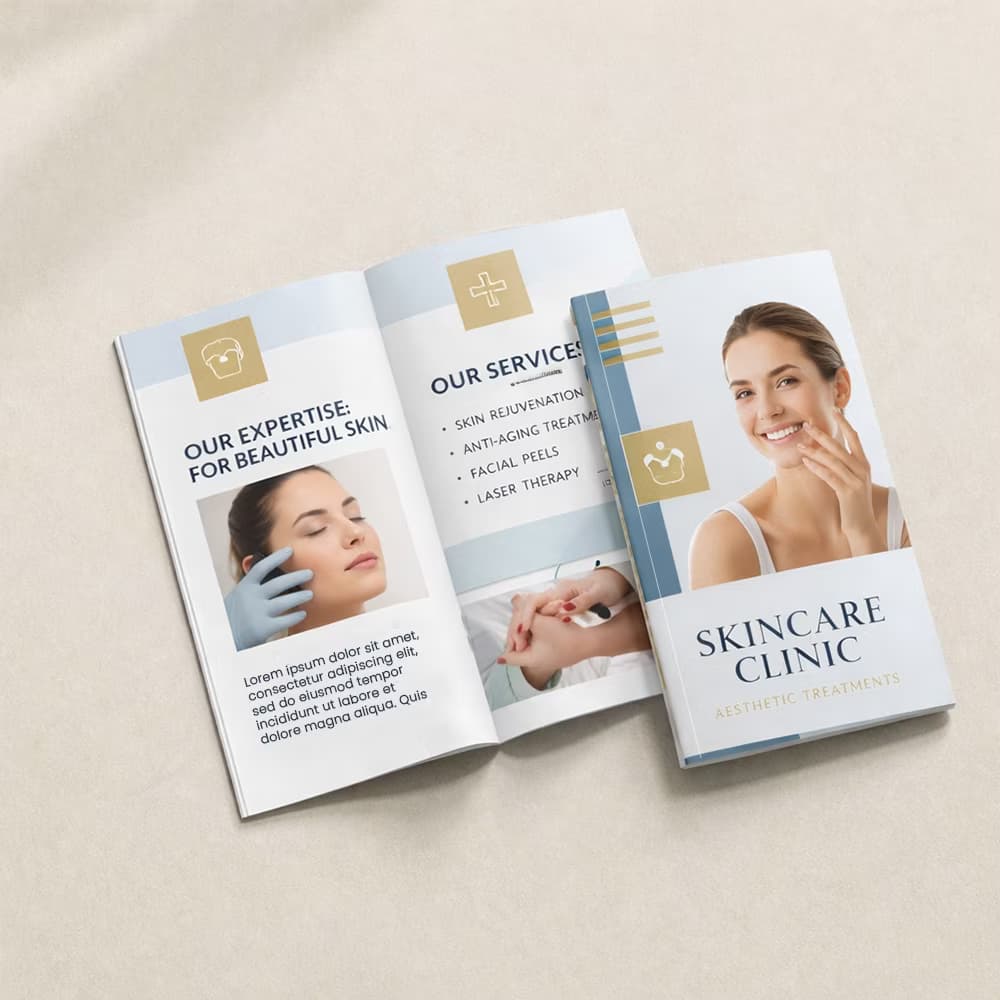 A skincare clinic DL staple bind booklet shown closed with a smiling woman and opened to its treatments list on a light cream surface.