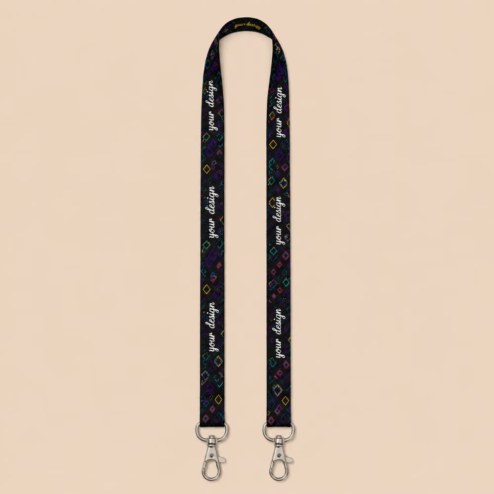 Custom double hook lanyards featuring a black geometric pattern and silver swivel clips for secure ID badge attachment.