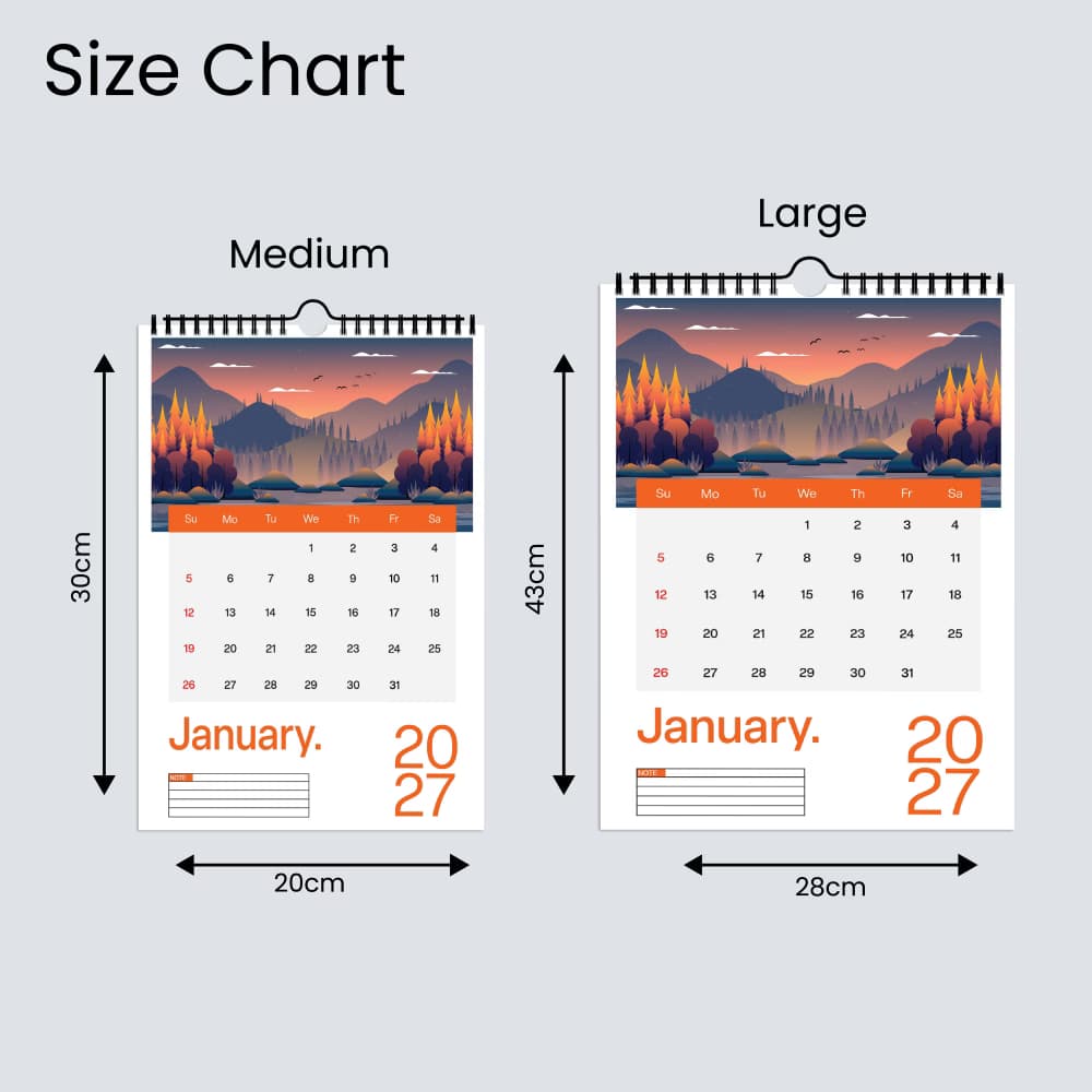 Size chart comparing medium (30cm x 20cm) and large (43cm x 28 cm) 2027 wall calendars.