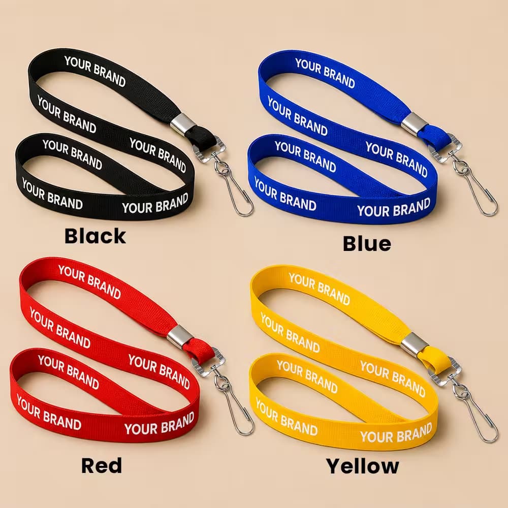 Custom cotton lanyards in black, blue, red, and yellow