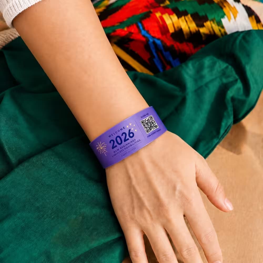 personalized wristbands with QR codes, serial numbers, and colorful event designs for festivals and secure entry.