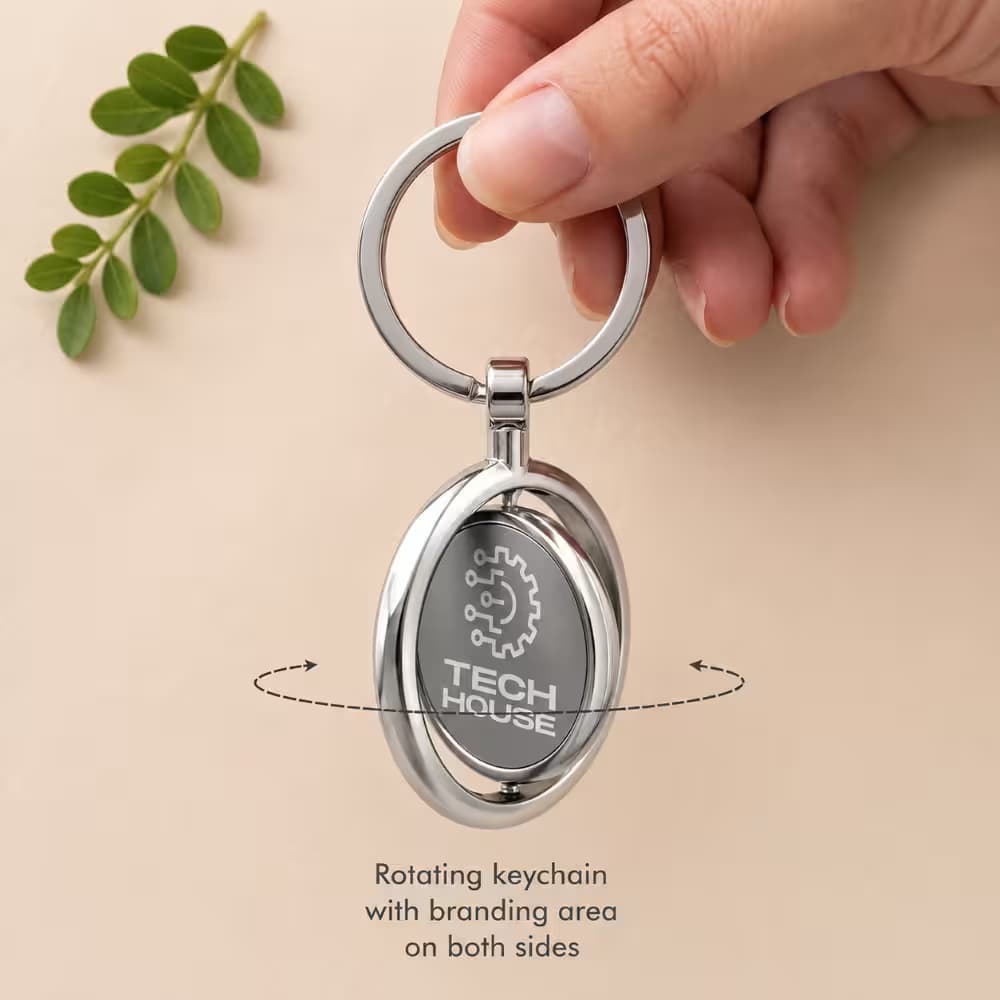 Custom rotating metal keychain with branding on both sides