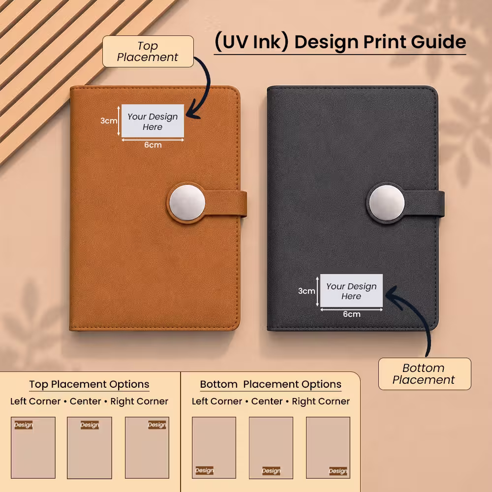 diary uv ink design placement guide, tan and black