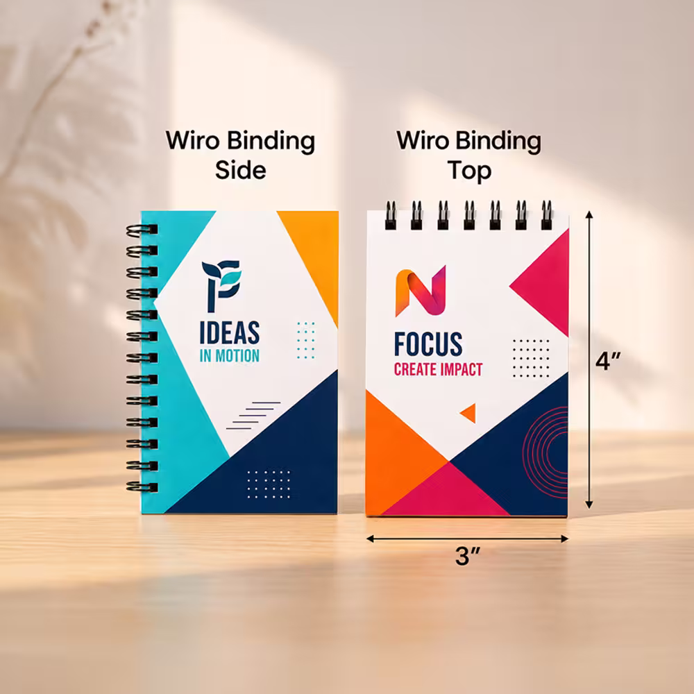 Pocket notebook with side and top Wiro binding options