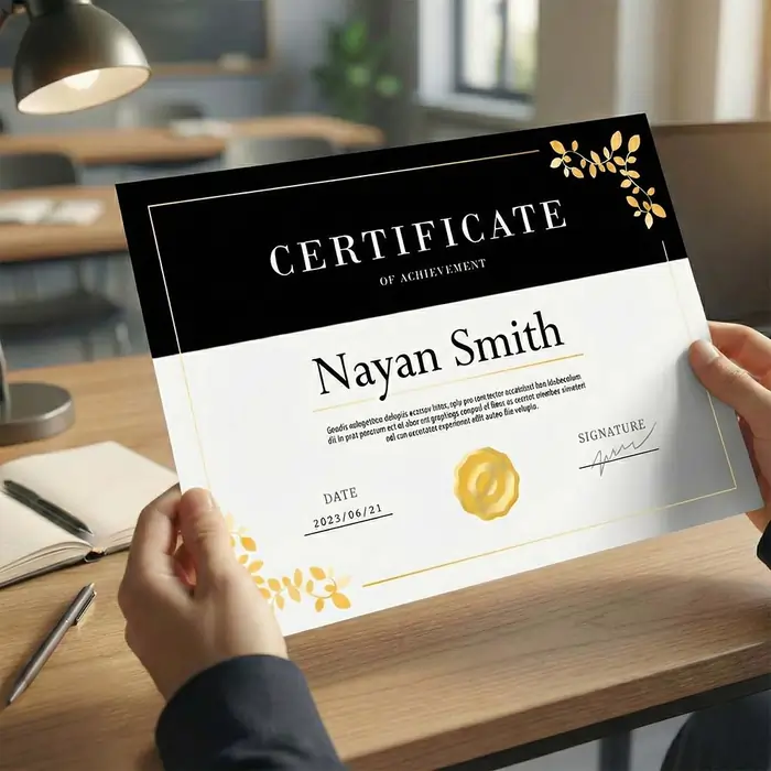 Person holding a black and white premium paper certificate for Nayan Smith with gold leaf accents and a gold seal.