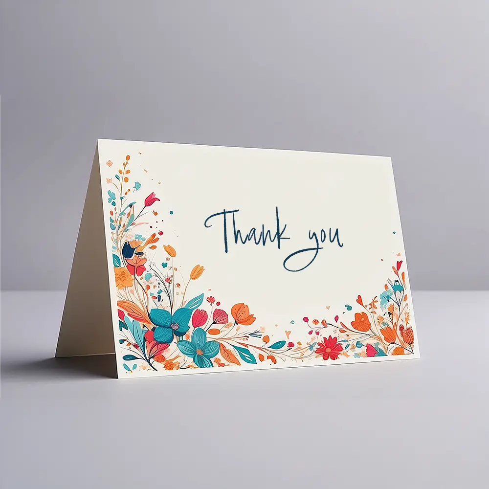Colorful 'Customised thank you cards' in playful font.