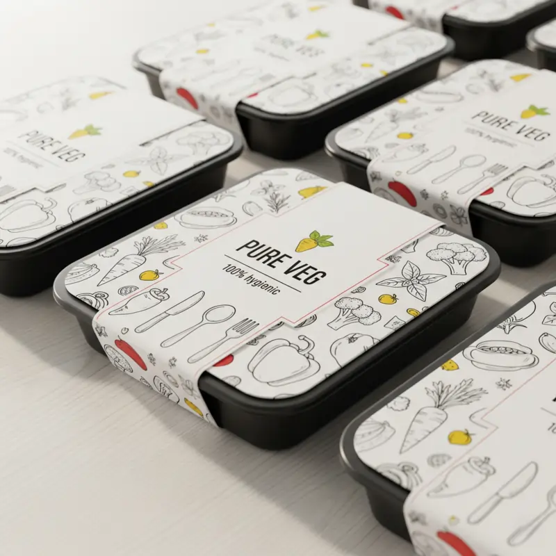 Custom box sleeves on food containers, showing printed Packaging Sleeves.