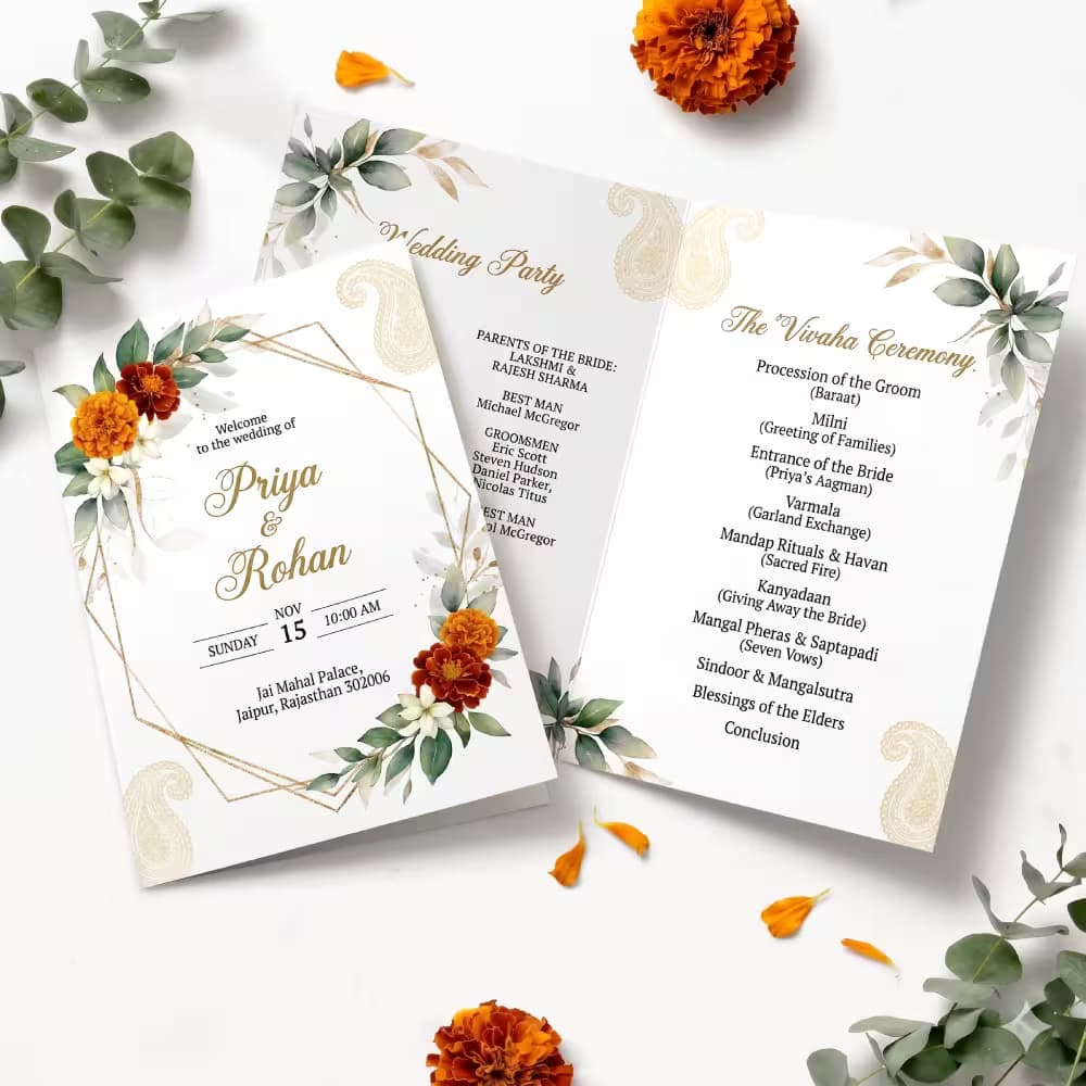 Elegant floral Wedding Invitation Cards and bi-fold wedding invites decorated with orange marigolds on a clean white background.