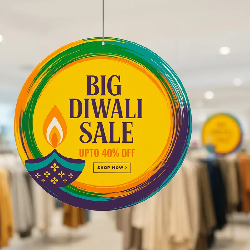 A bright yellow Circle Shape Danglers sign reading "BIG DIWALI SALE UPTO 40% OFF" with a diya, ideal for round dangler printing.