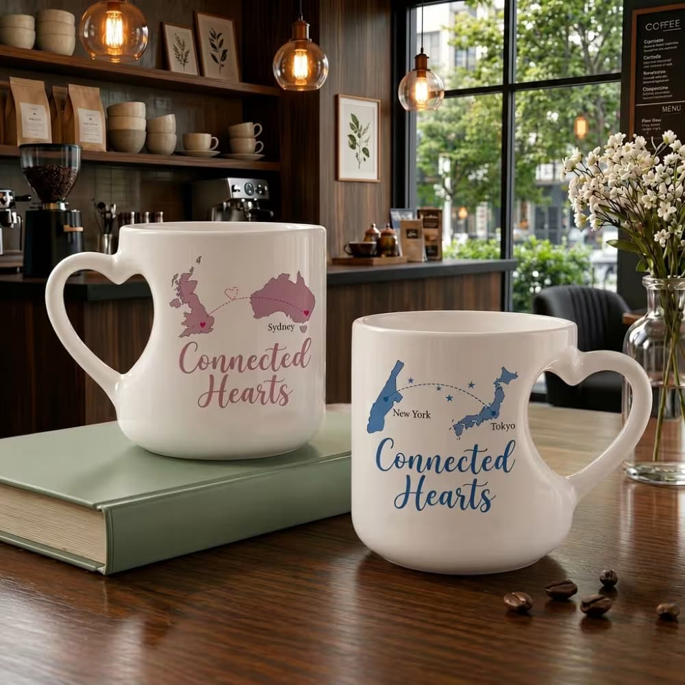 Two custom "Connected Hearts" ceramic mugs featuring heart-cut handles and printed long-distance map designs on a wooden table.