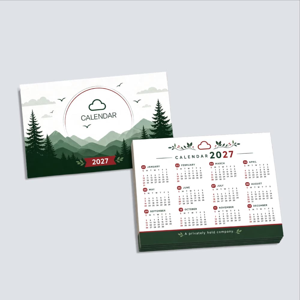 A 2027 pocket calendar displaying a green mountain cover design alongside the full 12-month calendar card.